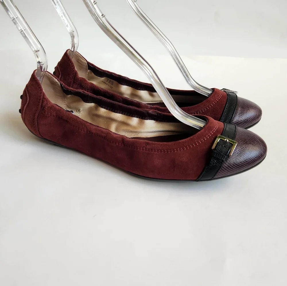 Tod's suede leather burgundy purple black flats women 38.5